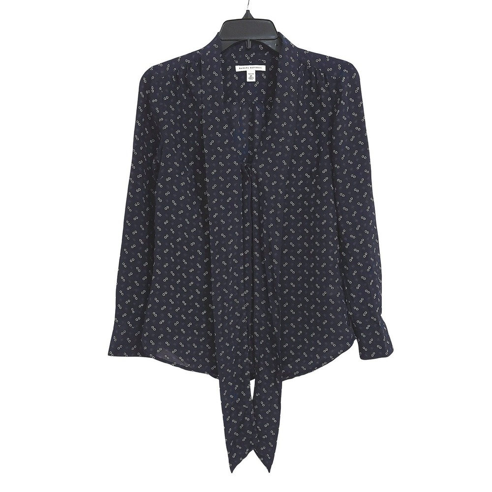 Banana Republic 100% Silk Tie Neck Blouse 4P Chain Link Logo Navy Blue Top